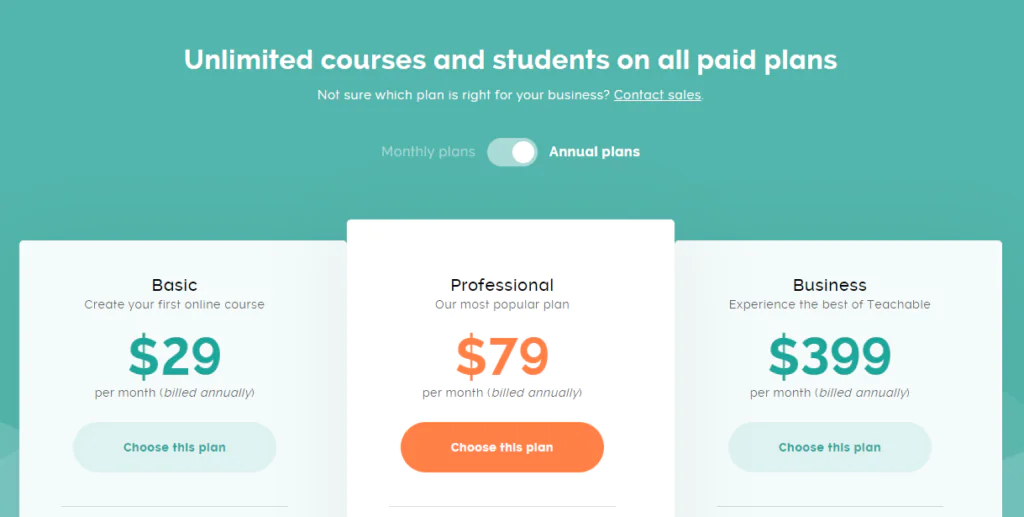 Teachable Pricing online course platform